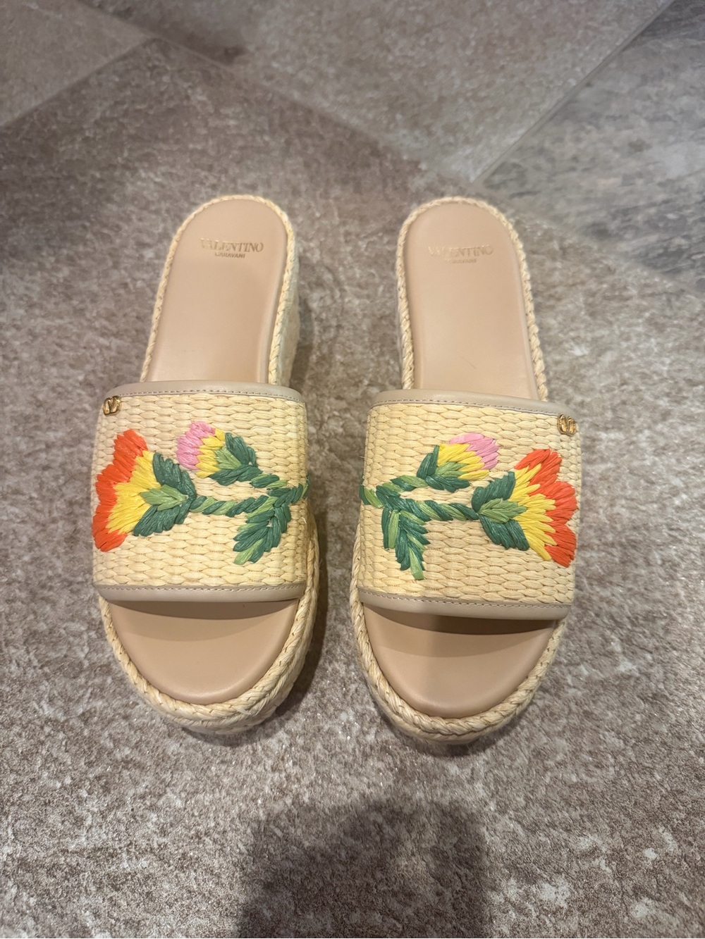 Valentino Floral Embroidered Raffia Slide Sandals - Beige